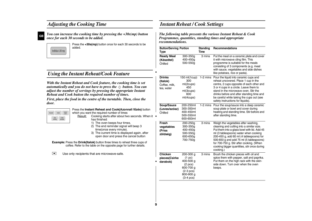 Samsung CE2944N-5S/XEH Adjusting the Cooking Time Instant Reheat / Cook Settings, Using the Instant Reheat/Cook Feature 