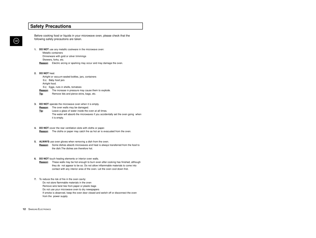 Samsung CE2974-1/BOL, CE2974/BOL, CE2914T/ELE, CE2974/SML manual Safety Precautions, Do not heat, Reason, Tip 