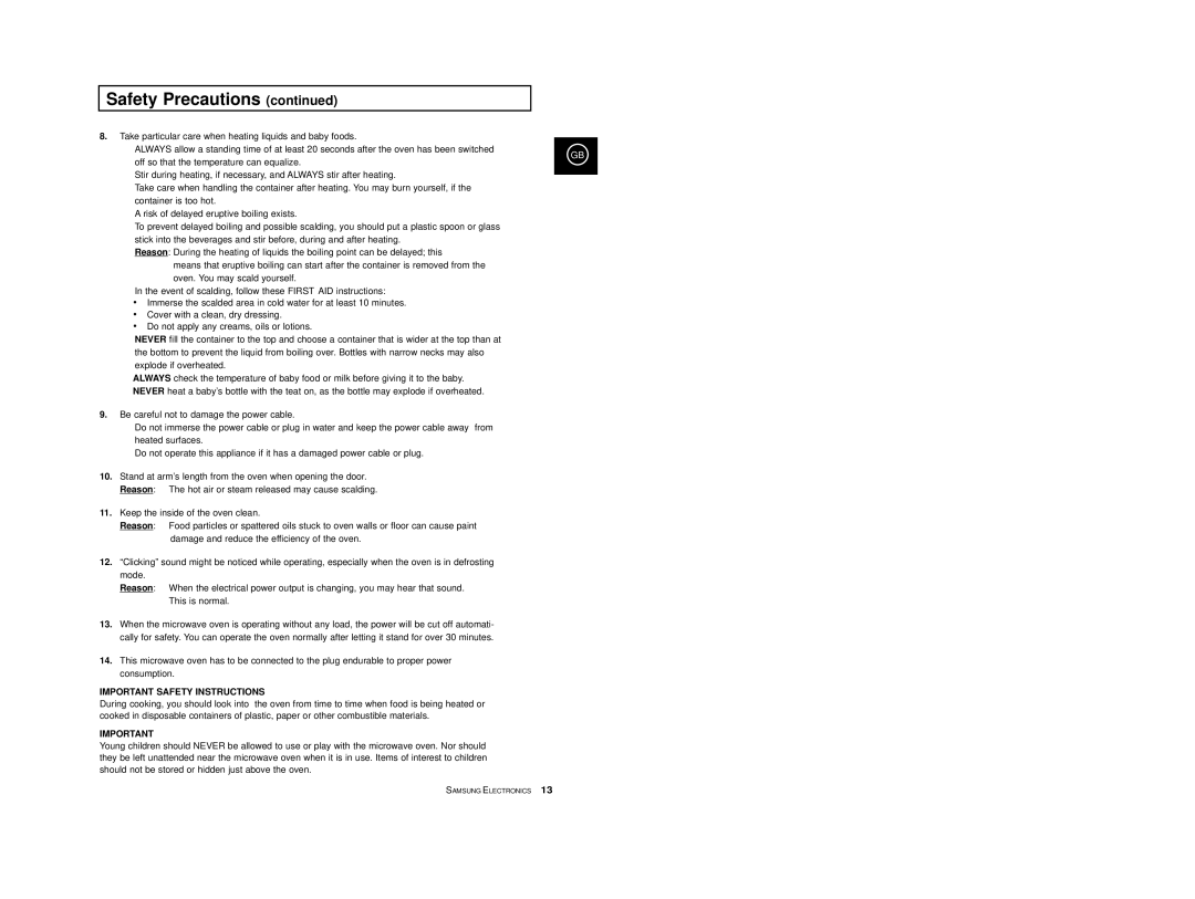 Samsung CE2974/BOL, CE2974-1/BOL, CE2914T/ELE, CE2974/SML manual Important Safety Instructions 