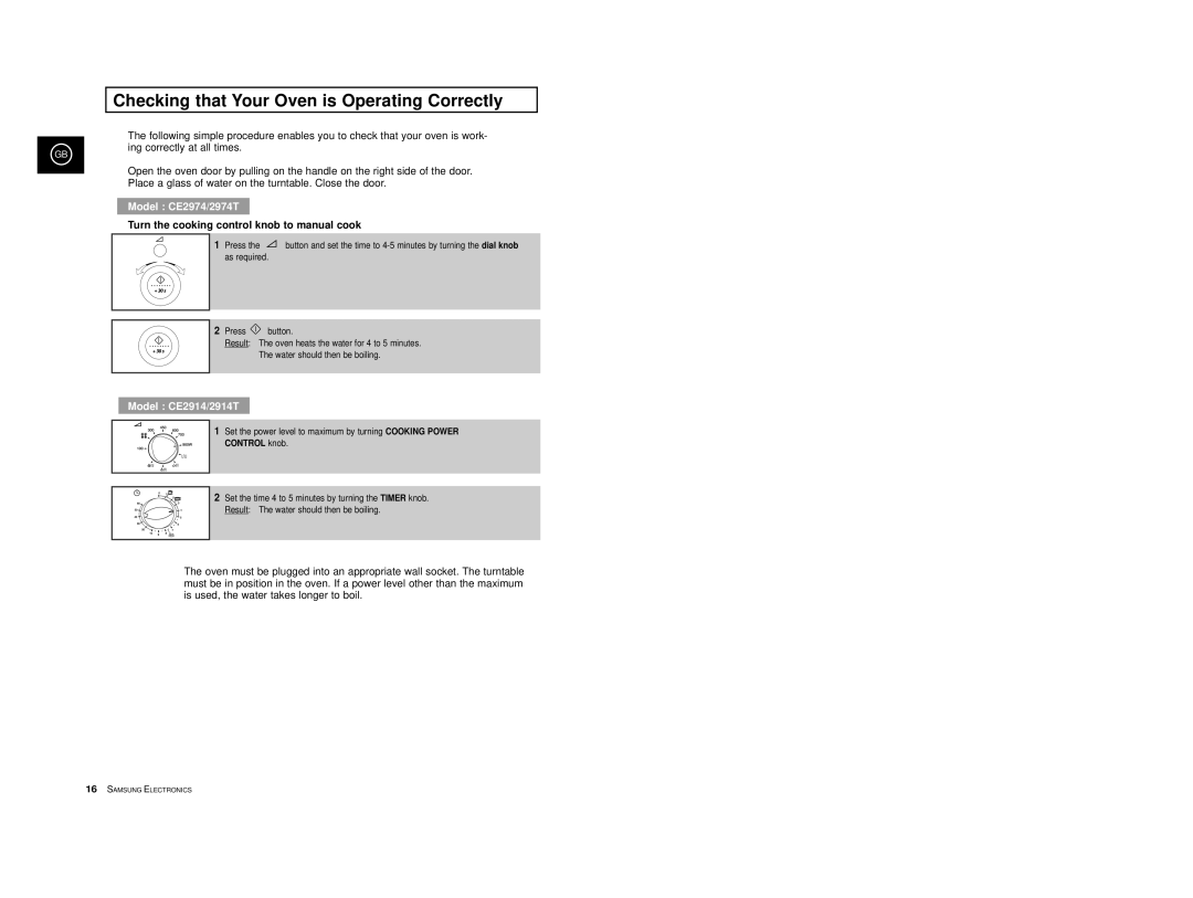 Samsung CE2974-1/BOL Checking that Your Oven is Operating Correctly, Turn the cooking control knob to manual cook 