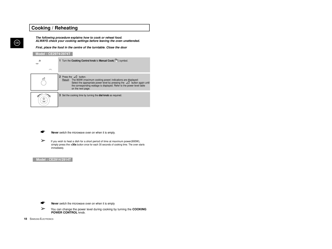 Samsung CE2914T/ELE, CE2974-1/BOL, CE2974/BOL manual Cooking / Reheating, Turn the Cooking Control knob to Manual Cook symbol 