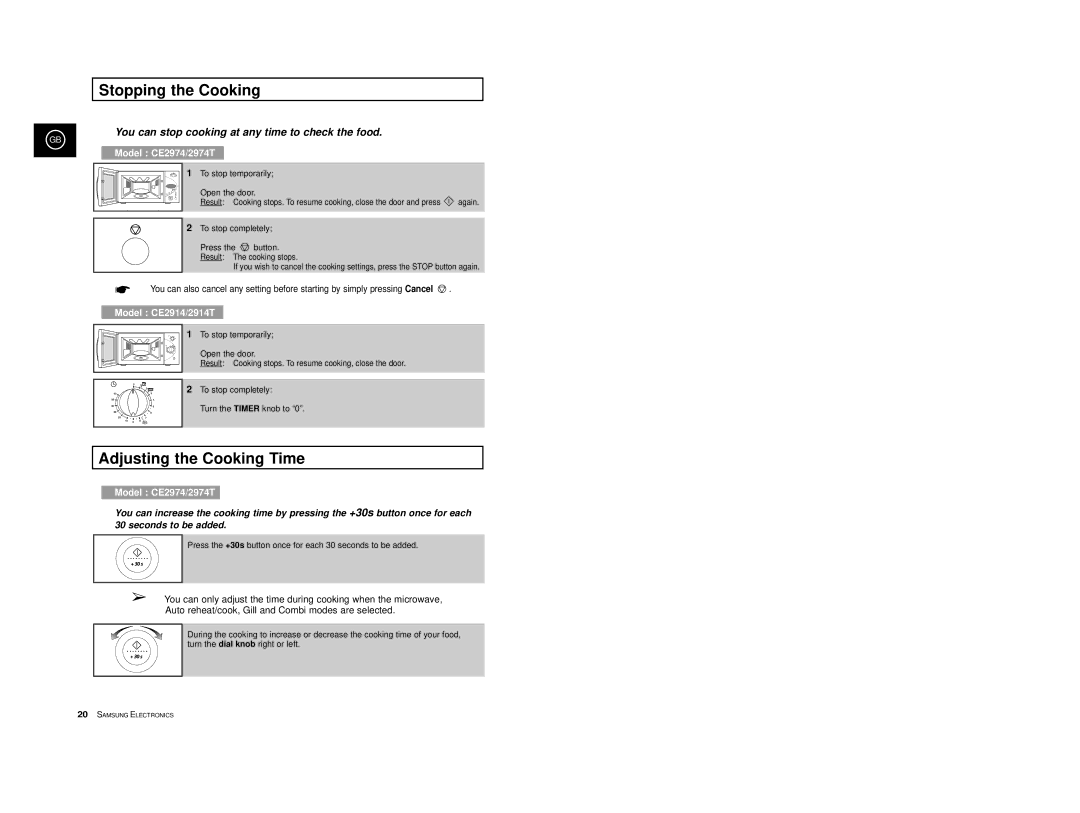 Samsung CE2974-1/BOL, CE2974/BOL, CE2914T/ELE, CE2974/SML manual Stopping the Cooking, Adjusting the Cooking Time 