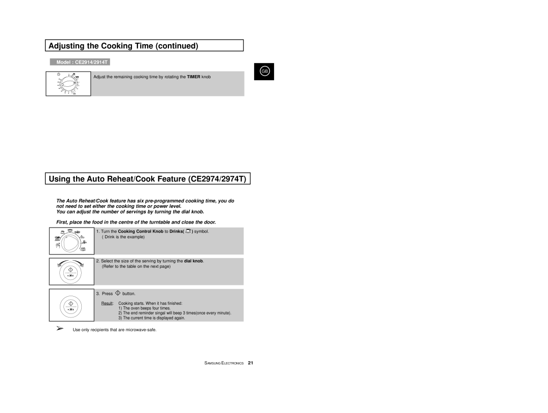 Samsung CE2974/BOL manual Using the Auto Reheat/Cook Feature CE2974/2974T, Turn the Cooking Control Knob to Drinks symbol 