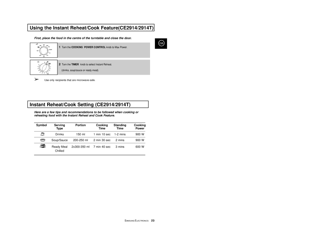 Samsung CE2974/SML Using the Instant Reheat/Cook FeatureCE2914/2914T, Instant Reheat/Cook Setting CE2914/2914T, Symbol 