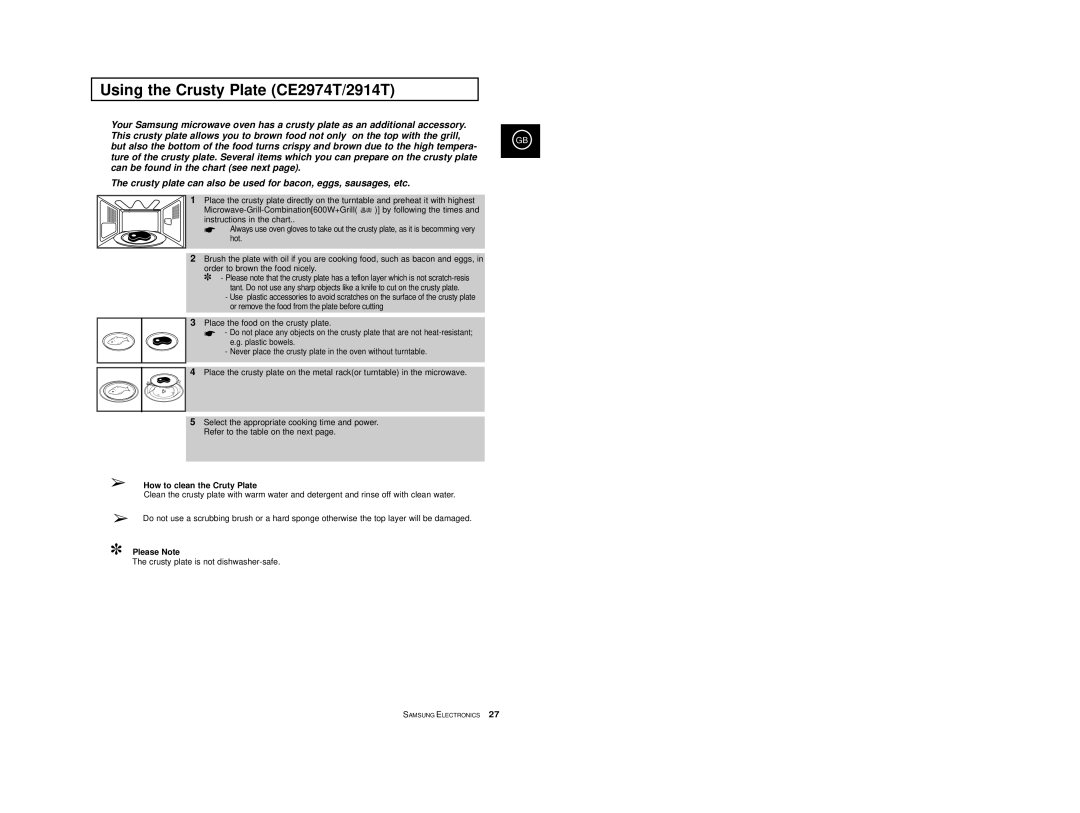 Samsung CE2974/SML, CE2974-1/BOL manual Using the Crusty Plate CE2974T/2914T, How to clean the Cruty Plate, Please Note 