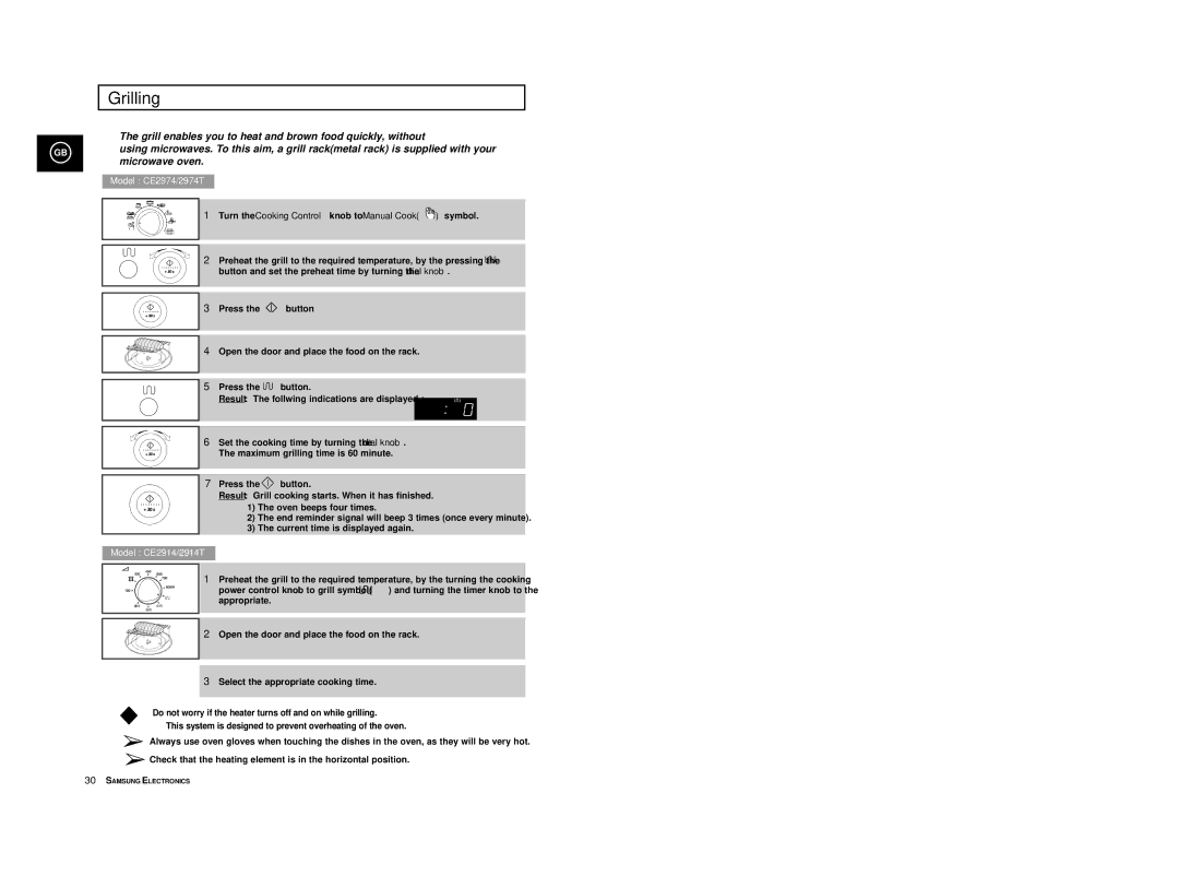 Samsung CE2914T/ELE, CE2974-1/BOL, CE2974/BOL, CE2974/SML manual Grilling, Model CE2974/2974T 