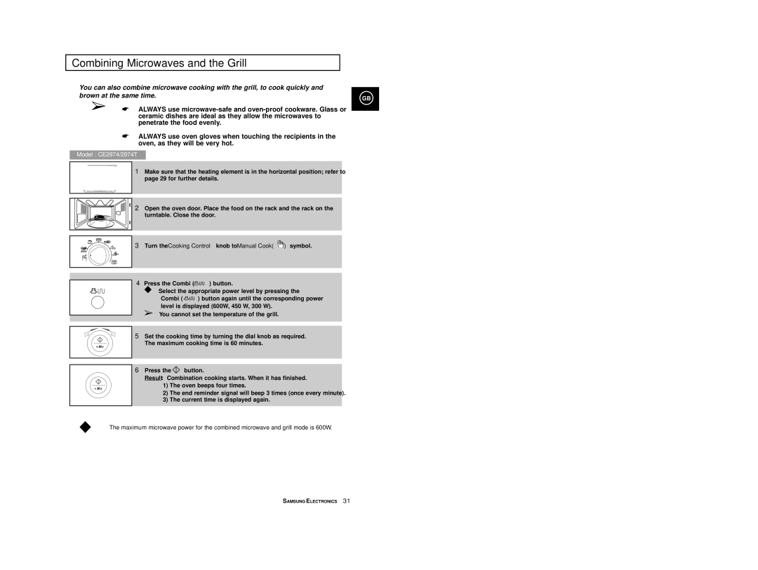 Samsung CE2974/SML, CE2974-1/BOL, CE2974/BOL, CE2914T/ELE manual Combining Microwaves and the Grill 