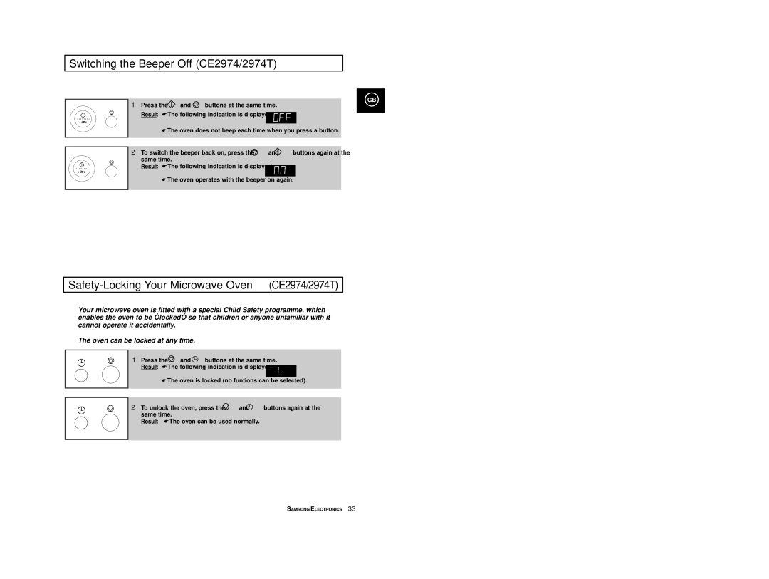Samsung CE2974/BOL, CE2974-1/BOL Switching the Beeper Off CE2974/2974T, Safety-Locking Your Microwave Oven CE2974/2974T 