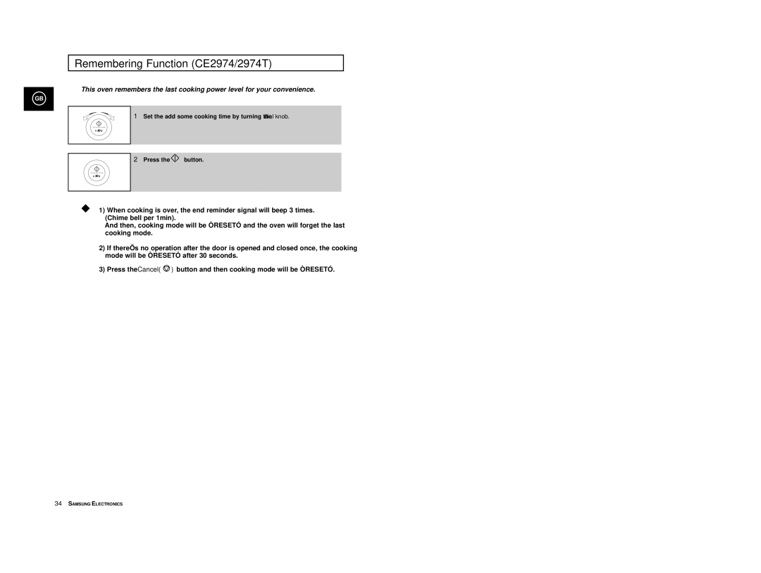 Samsung CE2914T/ELE, CE2974-1/BOL, CE2974/BOL, CE2974/SML manual Remembering Function CE2974/2974T 