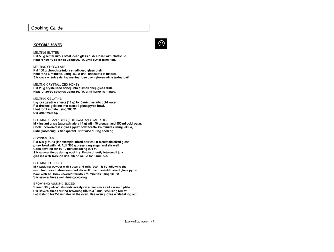 Samsung CE2974/SML, CE2974-1/BOL, CE2974/BOL, CE2914T/ELE manual Special Hints 