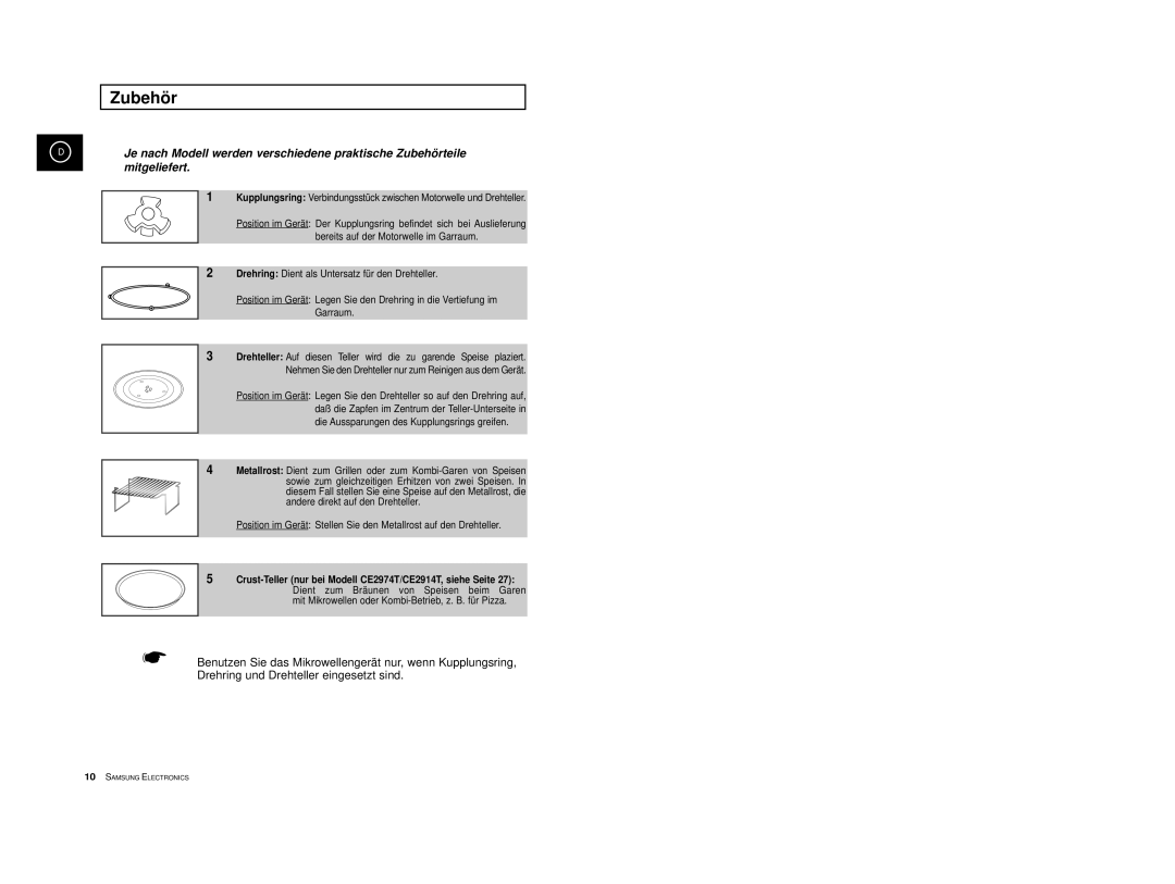 Samsung CE2974-1S/XEG, CE2974-1/XEG, CE2974-S/XEG manual Zubehör, Crust-Teller nur bei Modell CE2974T/CE2914T, siehe Seite 