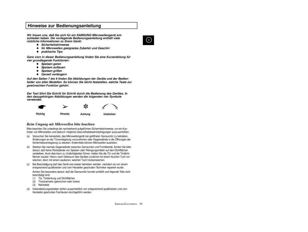 Samsung CE2974-1/XEG, CE2974-1S/XEG, CE2974-S/XEG manual Hinweise zur Bedienungsanleitung, Wichtig Hinweis Achtung, Umdrehen 