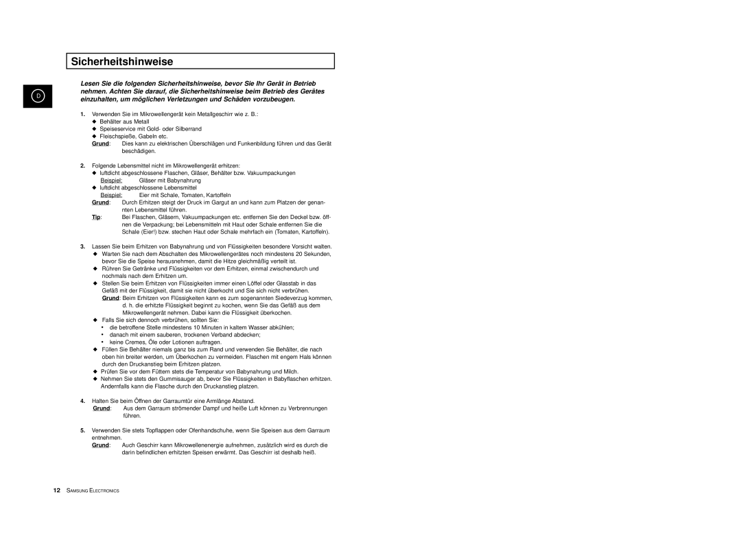 Samsung CE2974-S/XEG, CE2974-1S/XEG, CE2974-1/XEG, CE2974/XEG, CE2974-C/XEG manual Sicherheitshinweise, Grund, Tip 