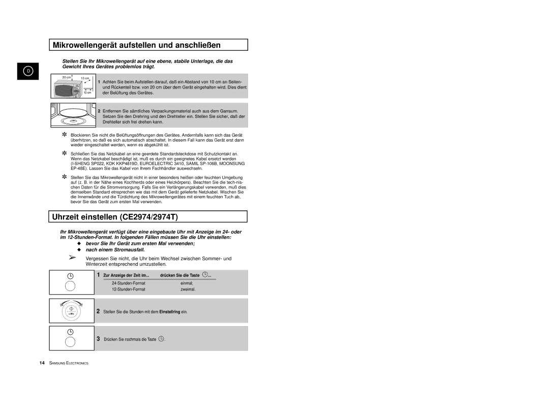 Samsung CE2974-C/XEG Mikrowellengerät aufstellen und anschließen, Uhrzeit einstellen CE2974/2974T, Zur Anzeige der Zeit im 