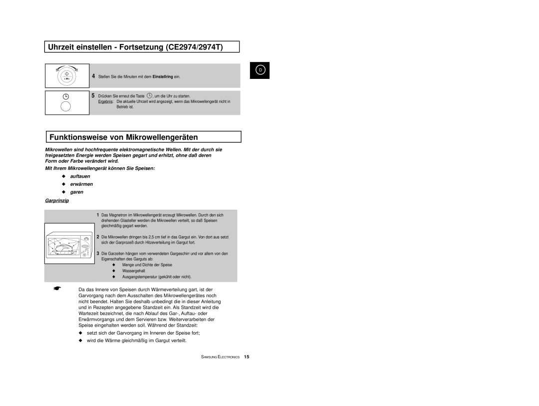 Samsung CE2974-1S/XEG, CE2974-1/XEG Uhrzeit einstellen Fortsetzung CE2974/2974T, Funktionsweise von Mikrowellengeräten 