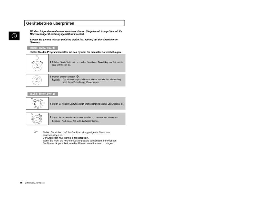 Samsung CE2974-1/XEG, CE2974-1S/XEG, CE2974-S/XEG, CE2974/XEG, CE2974-C/XEG Gerätebetrieb überprüfen, Modell CE2974/2974T 