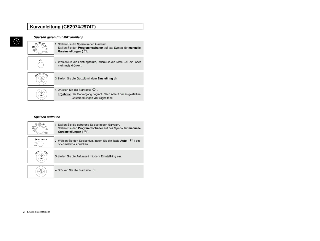 Samsung CE2974-S/XEG, CE2974-1S/XEG, CE2974-1/XEG, CE2974/XEG, CE2974-C/XEG manual Kurzanleitung CE2974/2974T, Gareinstellungen 