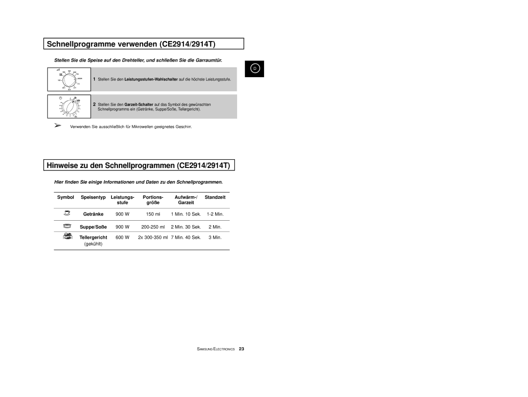 Samsung CE2974/XEG manual Schnellprogramme verwenden CE2914/2914T, Hinweise zu den Schnellprogrammen CE2914/2914T, Größ e 