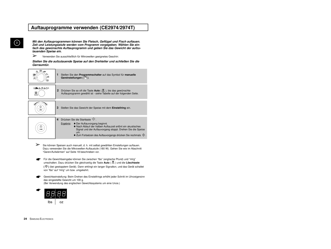 Samsung CE2974-C/XEG, CE2974-1S/XEG, CE2974-1/XEG, CE2974-S/XEG, CE2974/XEG manual Auftauprogramme verwenden CE2974/2974T 