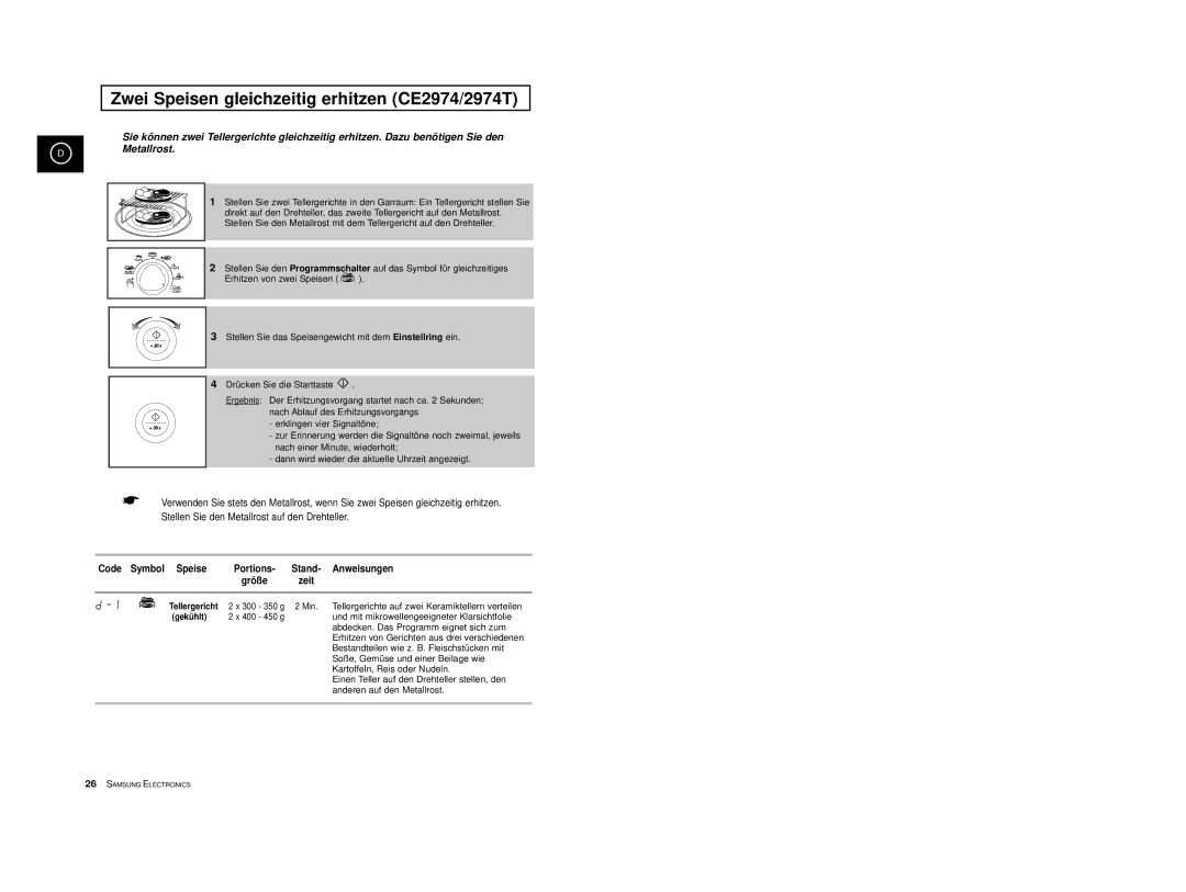 Samsung CE2974-1/XEG, CE2974-1S/XEG, CE2974-S/XEG manual Zwei Speisen gleichzeitig erhitzen CE2974/2974T, Code, Anweisungen 