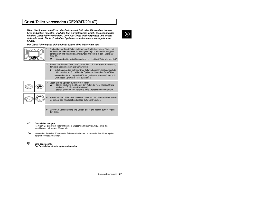 Samsung CE2974-S/XEG, CE2974-1S/XEG, CE2974-1/XEG, CE2974/XEG Crust-Teller verwenden CE2974T/2914T, Crust-Teller reinigen 