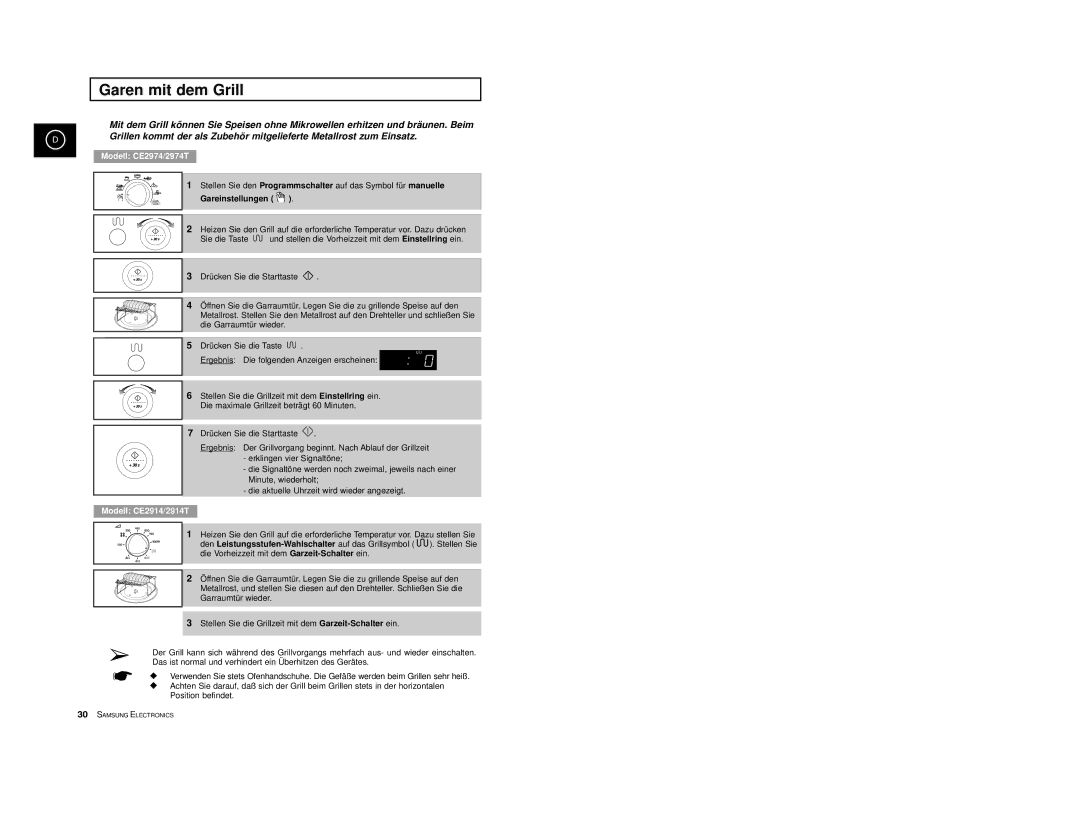 Samsung CE2974-1S/XEG, CE2974-1/XEG, CE2974-S/XEG, CE2974/XEG, CE2974-C/XEG manual Garen mit dem Grill, Gareinstellungen 