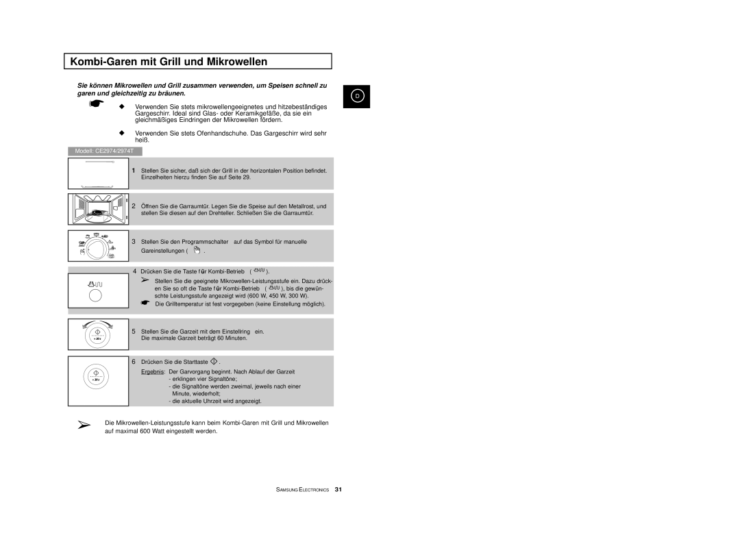 Samsung CE2974-1/XEG Kombi-Garen mit Grill und Mikrowellen, Gareinstellungen Drücken Sie die Taste fü r Kombi-Betrieb 
