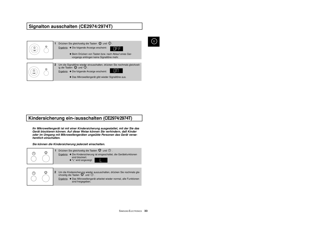 Samsung CE2974/XEG, CE2974-1S/XEG manual Signalton ausschalten CE2974/2974T, Kindersicherung ein-/ausschalten CE2974/2974T 