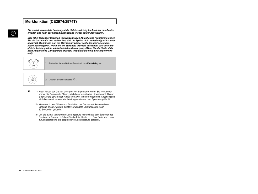 Samsung CE2974-C/XEG, CE2974-1S/XEG, CE2974-1/XEG, CE2974-S/XEG, CE2974/XEG manual Merkfunktion CE2974/2974T 