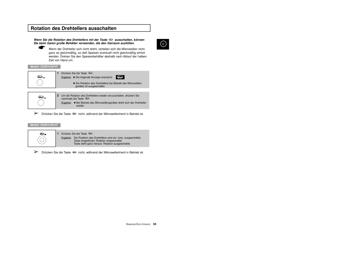 Samsung CE2974-1S/XEG, CE2974-1/XEG, CE2974-S/XEG, CE2974/XEG, CE2974-C/XEG manual Rotation des Drehtellers ausschalten 