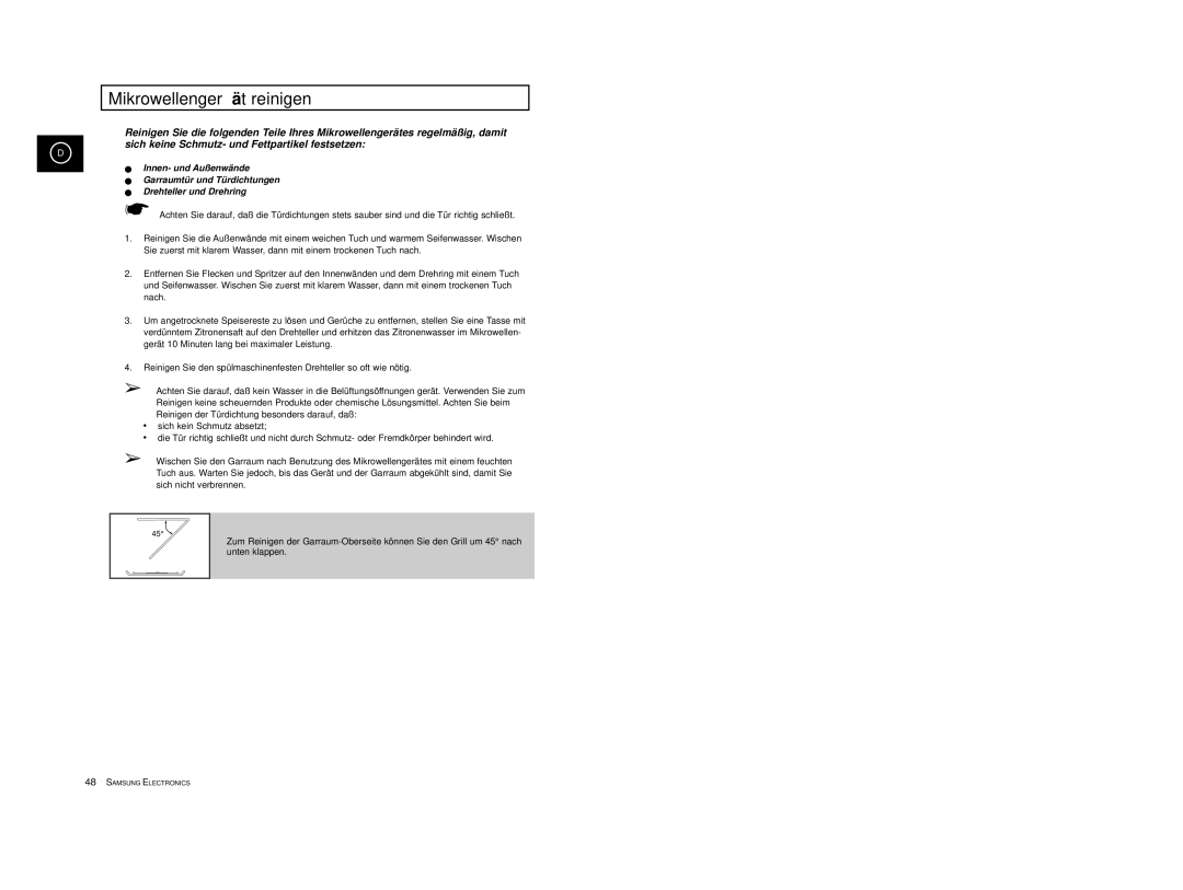 Samsung CE2974/XEG, CE2974-1S/XEG, CE2974-1/XEG, CE2974-S/XEG, CE2974-C/XEG manual Mikrowellengerä t reinigen 