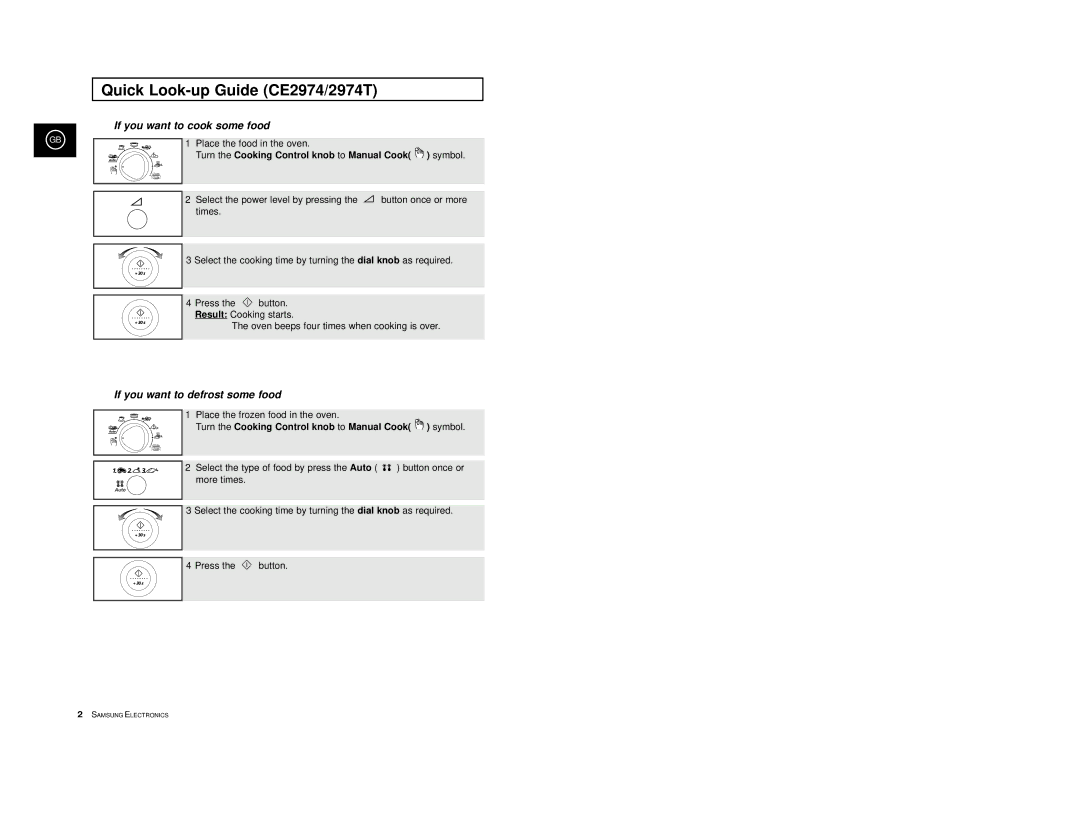 Samsung CE2974/XEG, CE2974-1S/XEG Quick Look-up Guide CE2974/2974T, Turn the Cooking Control knob to Manual Cook symbol 