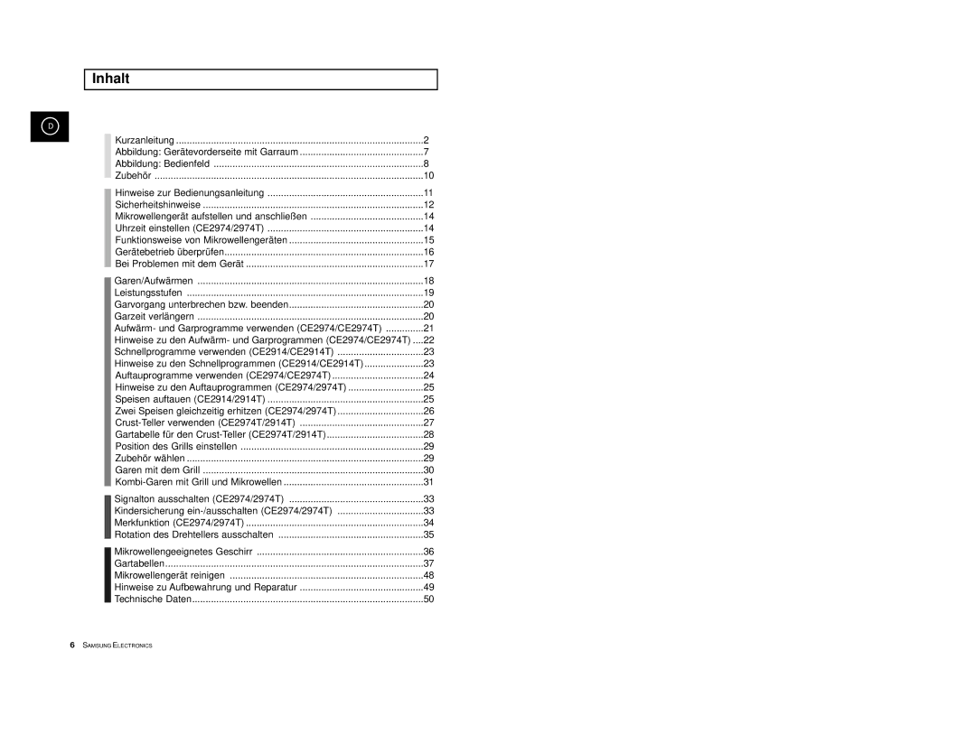 Samsung CE2974-1/XEG, CE2974-1S/XEG, CE2974-S/XEG, CE2974/XEG, CE2974-C/XEG manual Inhalt 