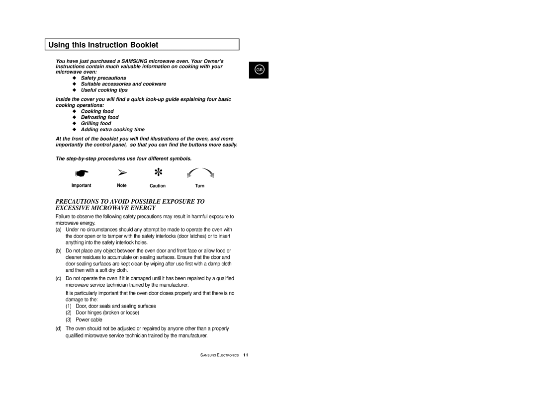 Samsung CE2974-S/XEG, CE2974-1S/XEG, CE2974-1/XEG, CE2974/XEG, CE2974-C/XEG Using this Instruction Booklet, Microwave oven 