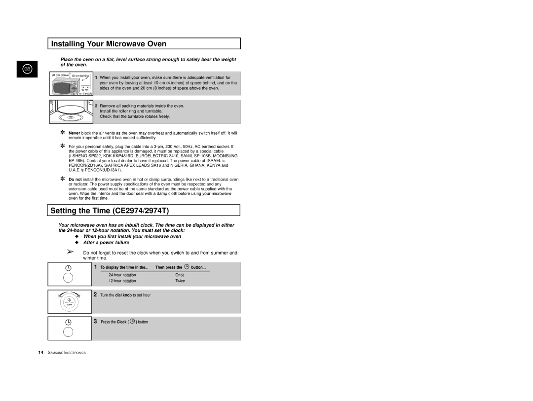 Samsung CE2974-1S/XEG Installing Your Microwave Oven, Setting the Time CE2974/2974T, To display the time Then press Button 