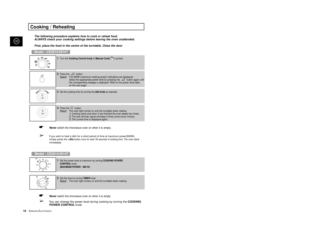 Samsung CE2974-C/XEG, CE2974-1S/XEG, CE2974-1/XEG Cooking / Reheating, Turn the Cooking Control knob to Manual Cook symbol 