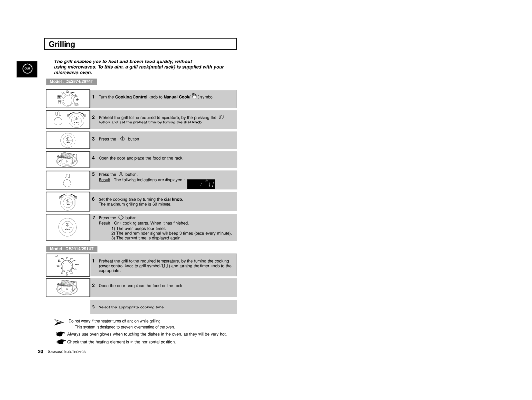 Samsung CE2974-1/XEG, CE2974-1S/XEG, CE2974-S/XEG, CE2974/XEG, CE2974-C/XEG manual Grilling, Model CE2974/2974T 