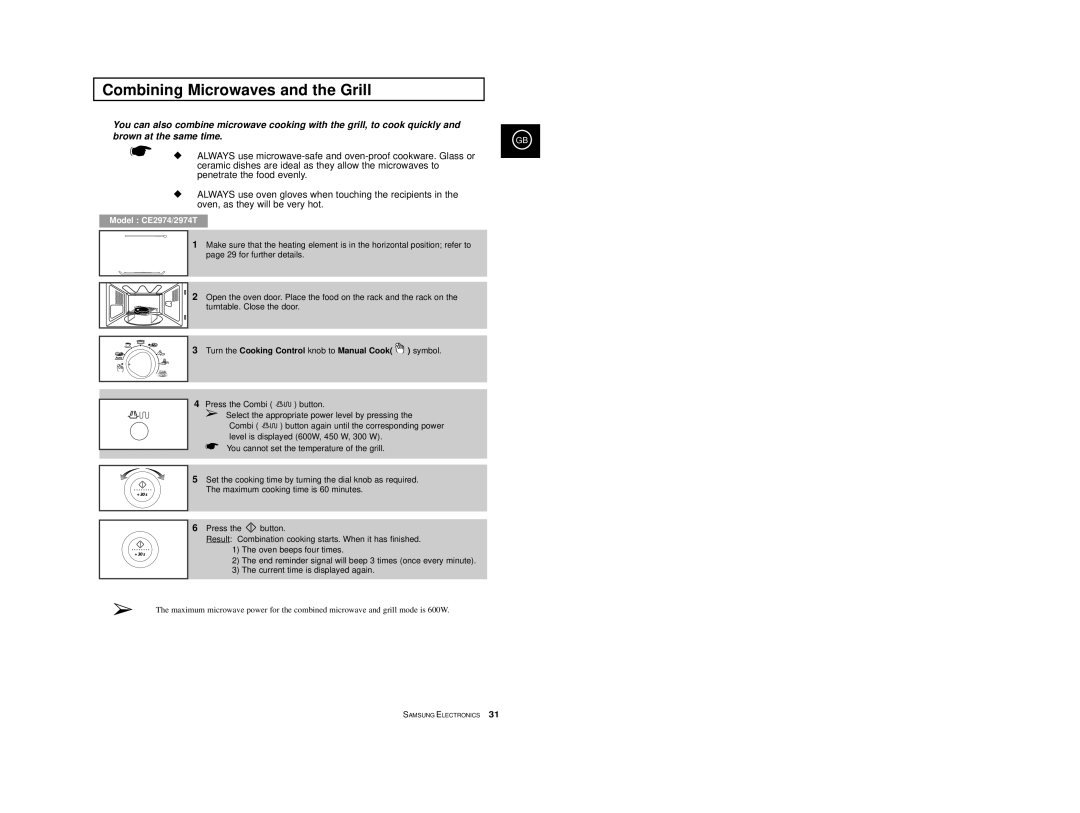 Samsung CE2974-S/XEG, CE2974-1S/XEG, CE2974-1/XEG, CE2974/XEG, CE2974-C/XEG manual Combining Microwaves and the Grill 