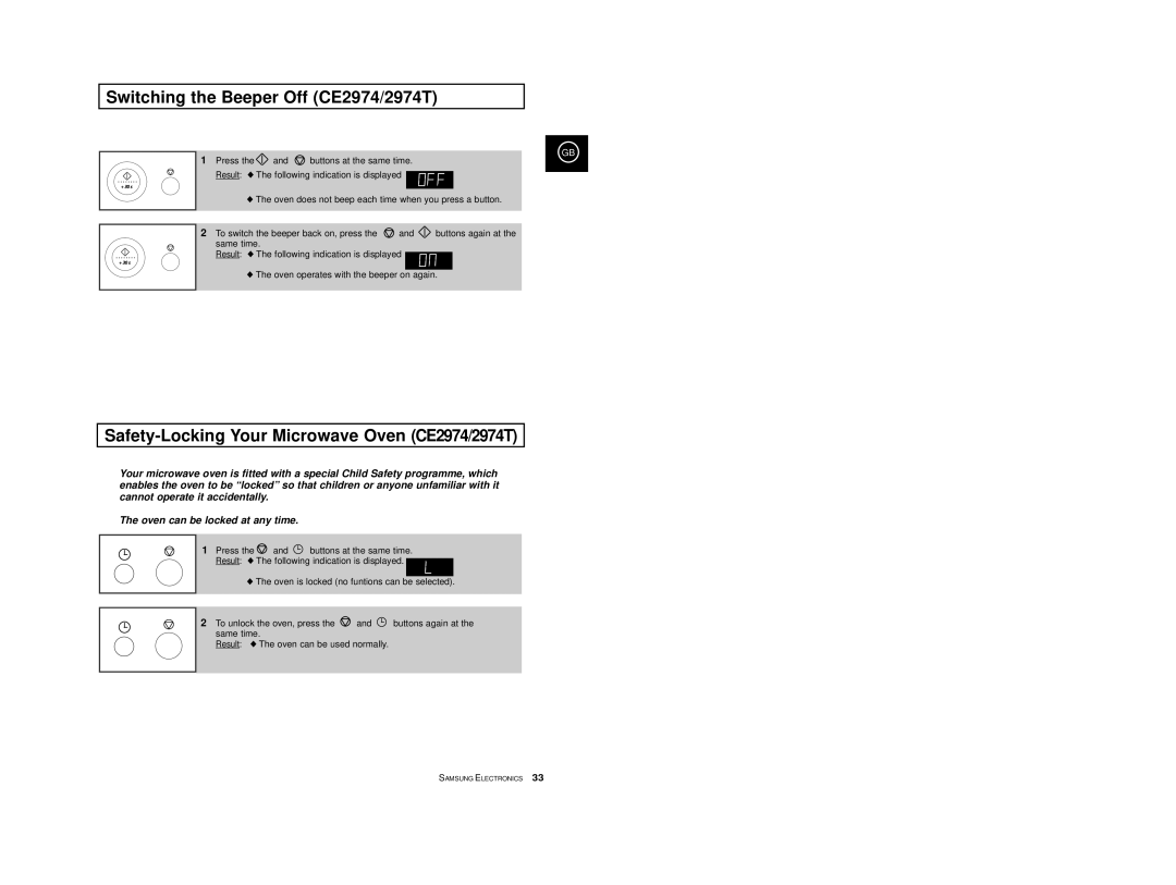 Samsung CE2974-C/XEG, CE2974-1S/XEG Switching the Beeper Off CE2974/2974T, Safety-Locking Your Microwave Oven CE2974/2974T 