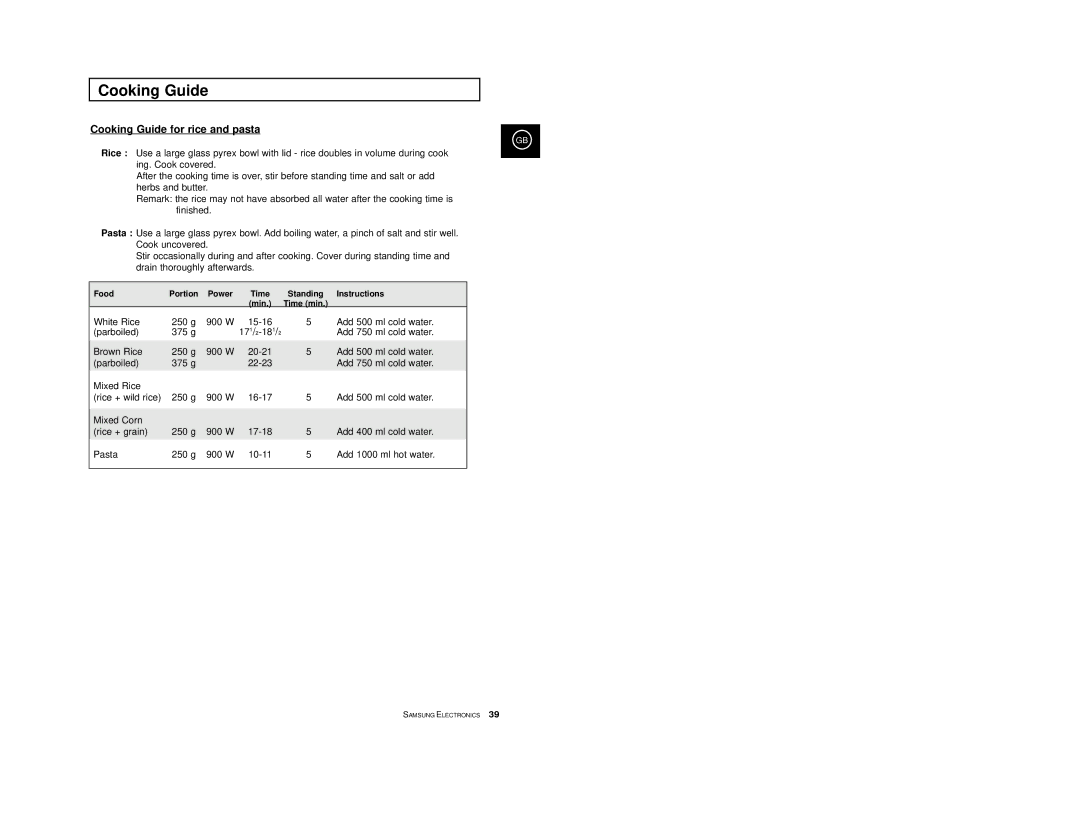 Samsung CE2974-1S/XEG, CE2974-1/XEG, CE2974-S/XEG, CE2974/XEG, CE2974-C/XEG manual Cooking Guide for rice and pasta 