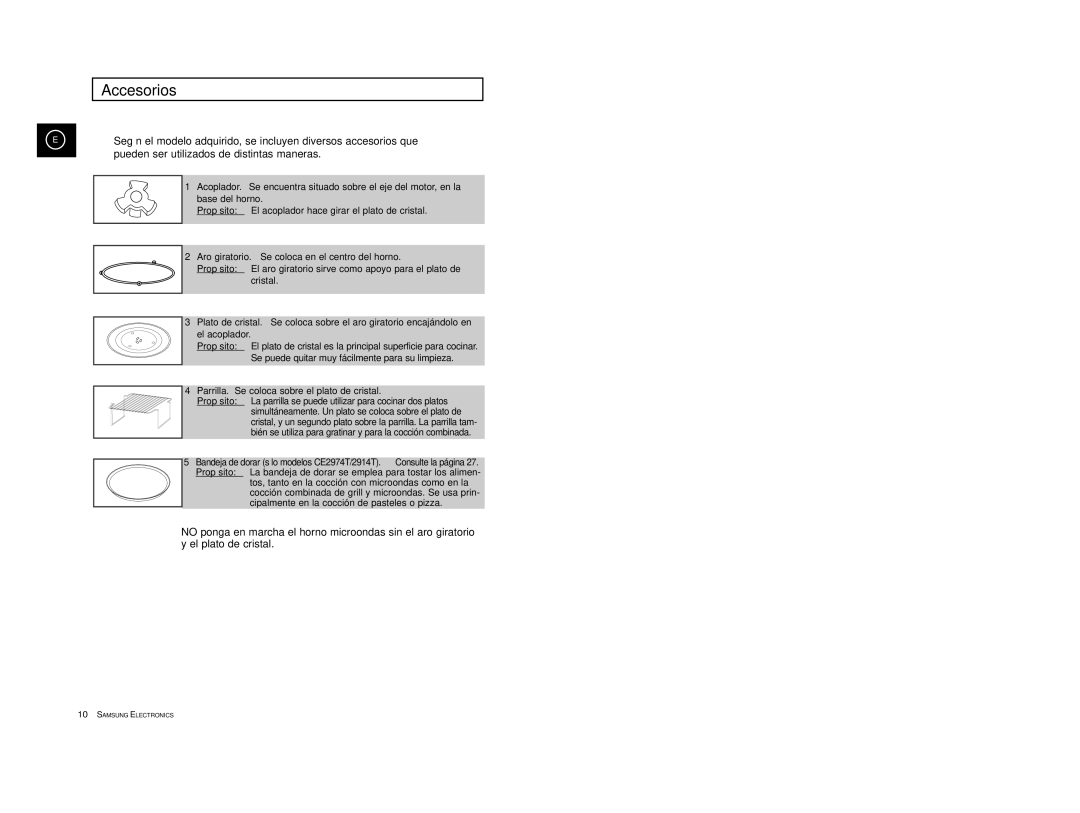 Samsung CE2974-S/XET, CE2914/XEC, CE2974-S/XEC, CE2974T/XEH manual Accesorios, Parrilla. Se coloca sobre el plato de cristal 