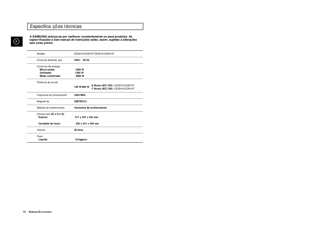 Samsung CE2914/XEC, CE2974-S/XET, CE2974-S/XEC, CE2974T/XEH, CE2974/XEC manual Especificaçõ es té cnicas 