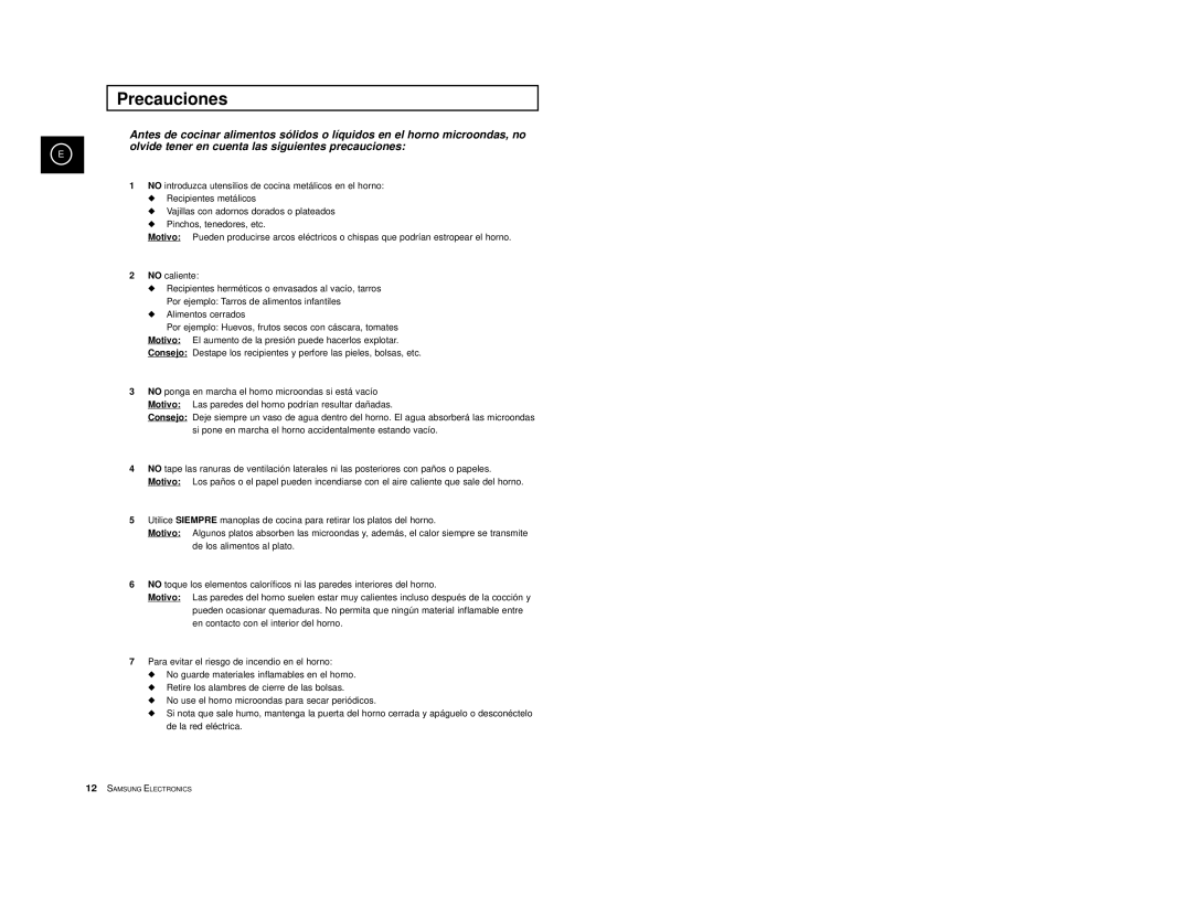 Samsung CE2974-S/XEC, CE2974-S/XET, CE2914/XEC, CE2974T/XEH, CE2974/XEC manual Precauciones 