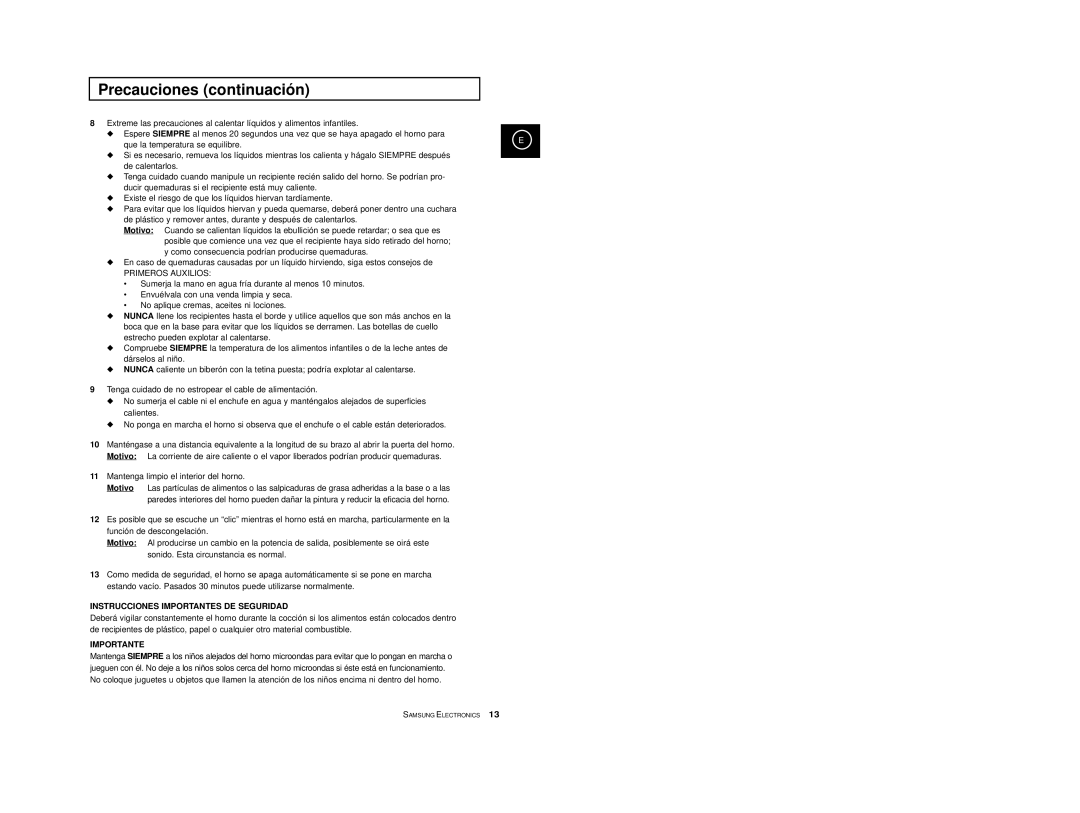 Samsung CE2974T/XEH, CE2974-S/XET, CE2914/XEC, CE2974-S/XEC manual Precauciones continuación, Que la temperatura se equilibre 