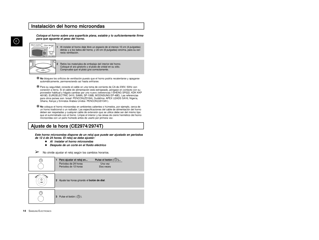 Samsung CE2974/XEC, CE2974-S/XET manual Instalación del horno microondas, Ajuste de la hora CE2974/2974T, Pulse el botón 