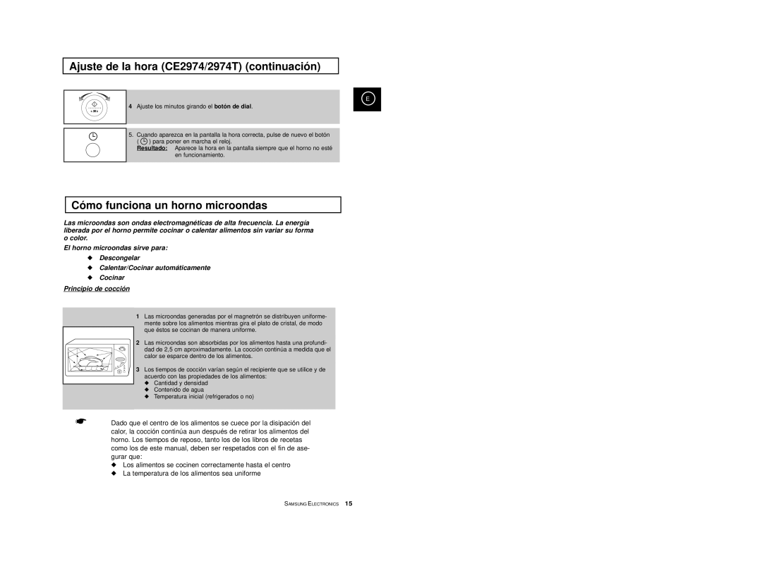 Samsung CE2974-S/XET, CE2914/XEC, CE2974/XEC Ajuste de la hora CE2974/2974T continuación, Cómo funciona un horno microondas 