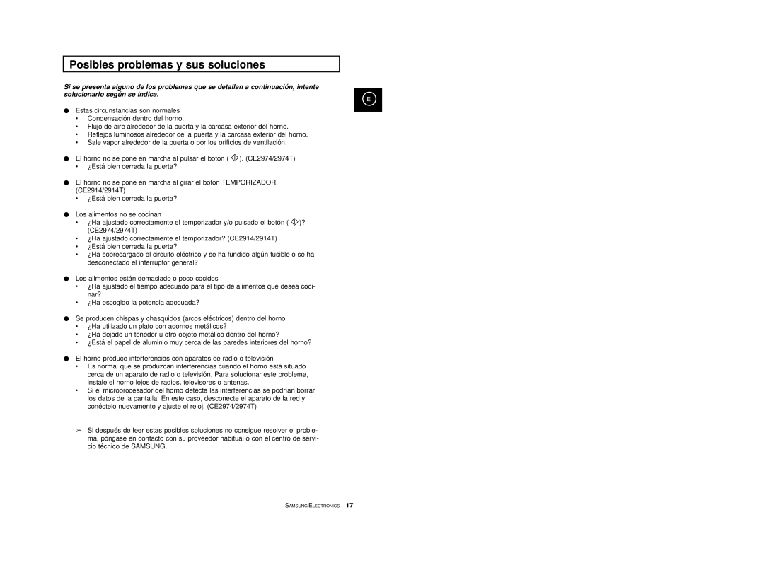 Samsung CE2974-S/XEC, CE2974-S/XET, CE2914/XEC, CE2974T/XEH, CE2974/XEC manual Posibles problemas y sus soluciones 