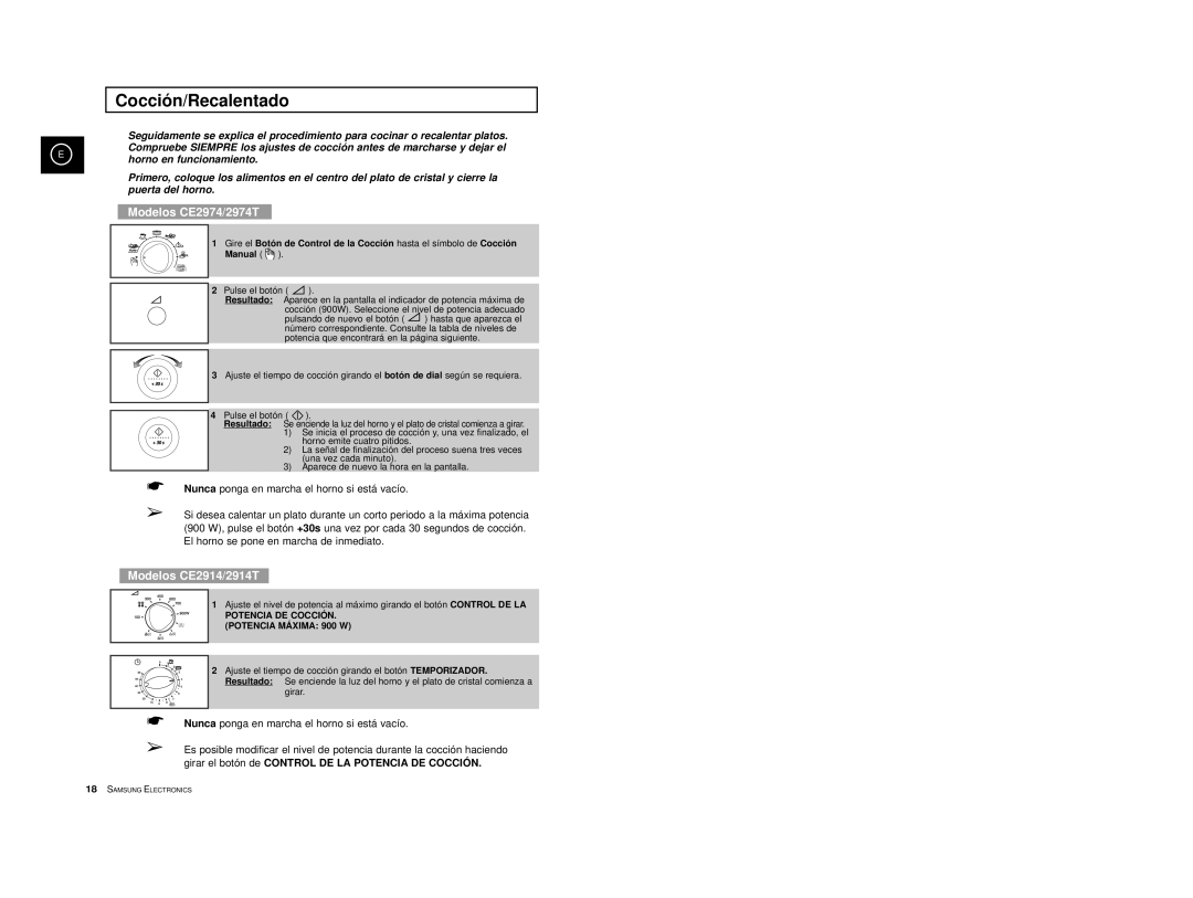 Samsung CE2974T/XEH, CE2974-S/XET, CE2914/XEC, CE2974-S/XEC, CE2974/XEC manual Cocción/Recalentado, Modelos CE2974/2974T 