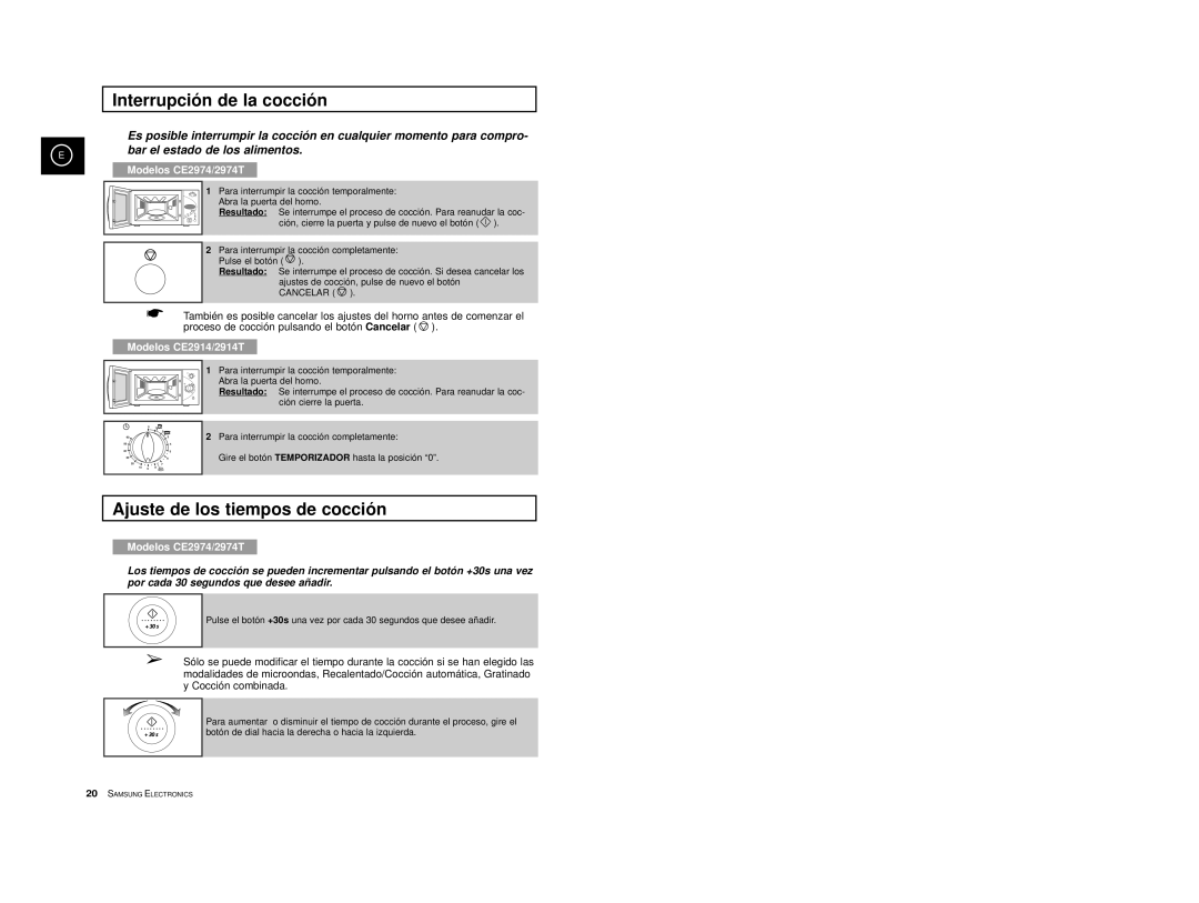 Samsung CE2974-S/XET, CE2914/XEC, CE2974-S/XEC, CE2974T/XEH Interrupció n de la cocció n, Ajuste de los tiempos de cocció n 