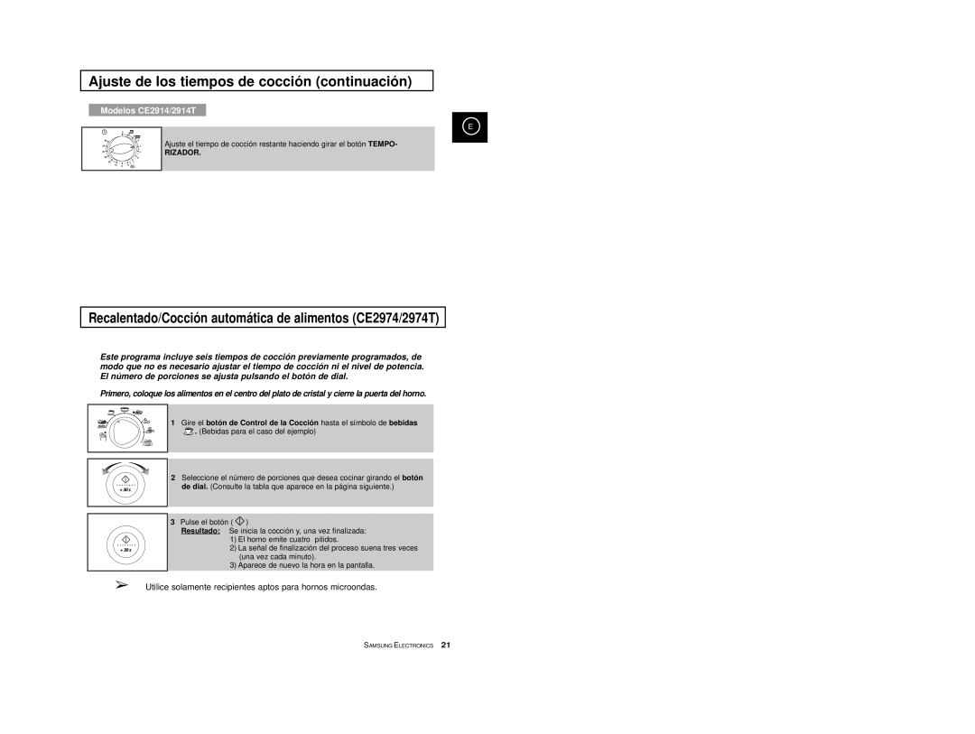 Samsung CE2914/XEC, CE2974-S/XET, CE2974-S/XEC, CE2974T/XEH, CE2974/XEC manual Ajuste de los tiempos de cocció n continuació n 